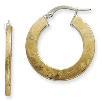 14k Yellow Gold Rhodium 2mm Etched Round Flat Hoop Earrings