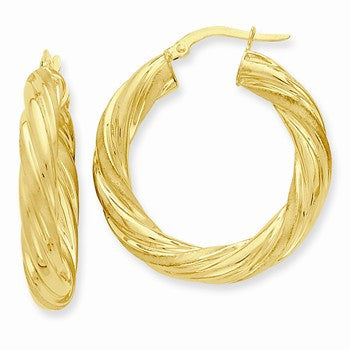 14k Yellow Gold Satin Polished Twisted Hoop Earrings