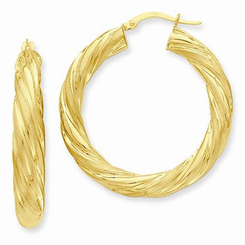 14k Yellow Gold Satin Polished Twisted Hoop Earrings