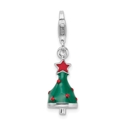 Rhodium-Plated 3-D Enameled Christmas Tree Charm in Sterling Silver
