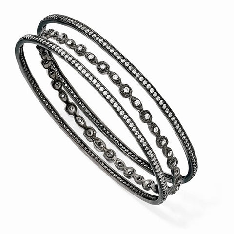 Sterling Silver Black-Plated Cz Three Bangle Set, 8 inches, Exquisite Bracelets For Women, Fine Jewelry