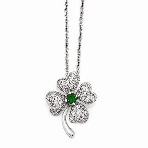 Sterling Silver Gla Simulated Emerald & CZ-Leaf Clover Necklace