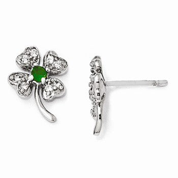 Sterling Silver Glass Simulated Emerald CZ 4-leaf Clover Post Earrings