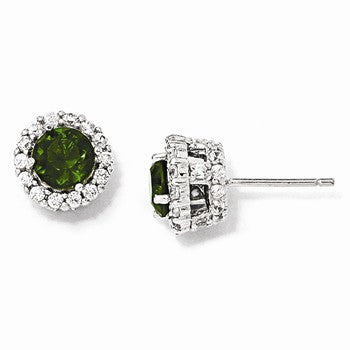 Sterling Silver Glass Simulated Emerald CZ Round Post Earrings