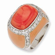 Sterling Silver Enameled Simulated Red Coral & CZ Ring