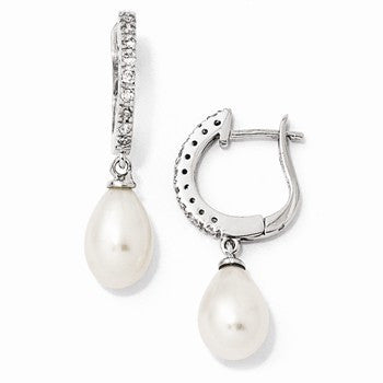 Sterling Silver CZ Freshwater Pearl Leverback Dangle Earrings