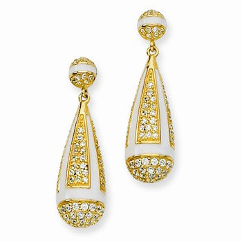 Sterling Silver CZ Gold-Plated Enamel Dangle Post Earrings