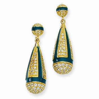 Sterling Silver CZ Gold-Plated Enamel Dangle Post Earrings
