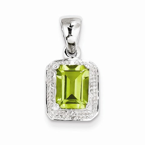Sterling Silver Rhodium Emerald-cut Peridot & Diamond Pendant, Pendants for Necklace