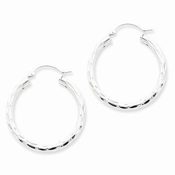 Sterling Silver Diamond-cut Satin Polished Hoop Earrings