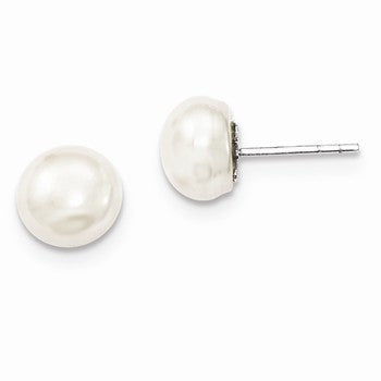 Sterling Silver White Freshwater CulturedPearl 9-9.5mm button Earrings
