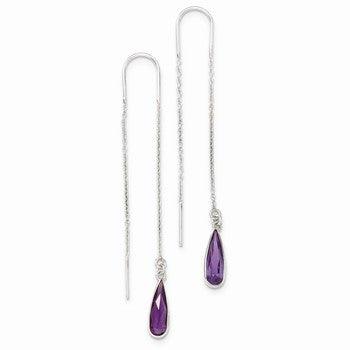 Sterling Silver Purple CZ Teardrop Threader Earrings