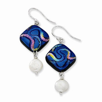 Sterling Silver Blue Dichroic Glass w/ Freshwater CulturedPearl Dangle Earrings