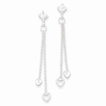 Sterling Silver CZ Fancy Polished Heart Dangle Post Earrings