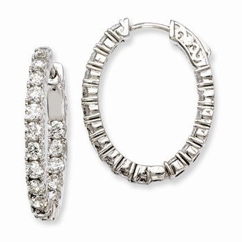 Sterling Silver Rhodium-plated CZ Hinged Oval Hoop Earrings