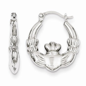 Sterling Silver Rhodium Plated Claddagh Hollow Hoop Earrings