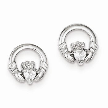 Sterling Silver Rhodium Plated CZ Claddagh Post Earrings