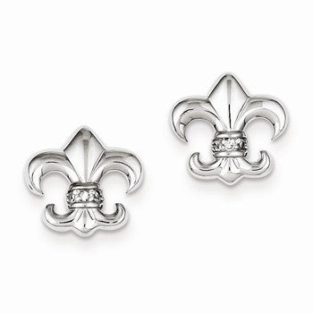 Sterling Silver Rhodium Plated CZ Fleur de lis Post Earrings