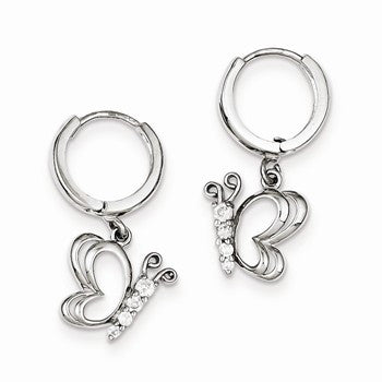 Sterling Silver CZ Butterfly Dangle Hinged Hoop Earrings