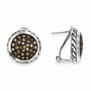 Sterling Silver Black Rhodium Round Brown CZ Omega Back Earrings