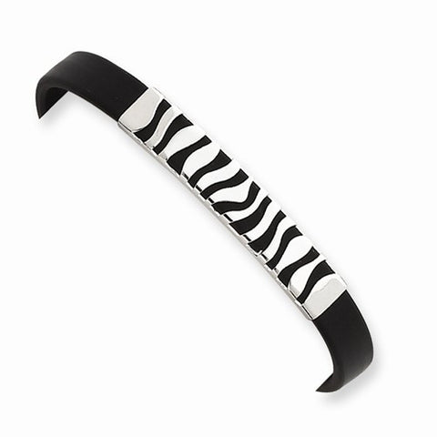 Sterling Silver Zebra Striped Black Rubber Bracelet