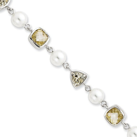 Sterling Silver Lt Yellow Cz & Syn Pearl Bracelet