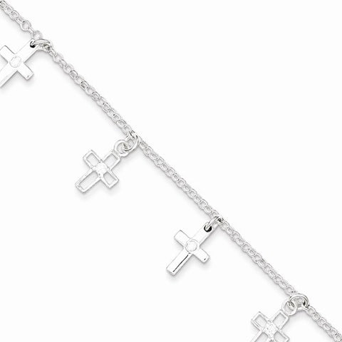 Sterling Silver & Cz Polished Cross Childrens Bracelet