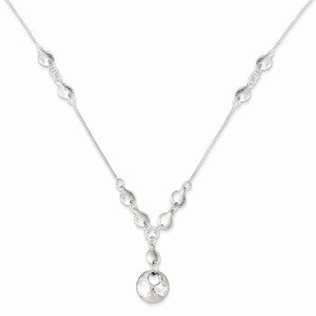 Sterling Silver Polished & Textured Fancy Round Drop Necklace