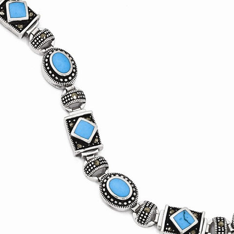 Sterling Silver Synthetic Turquoise and Marcasite Bracelet
