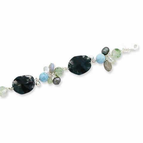 Sterling Silver Agate Grn Moss & Rk Quartz Labradolite Prehnite Bracelet