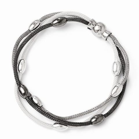 Sterling Silver Polished Beaded Mesh Three Strand Bracelet