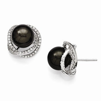 Sterling Silver 10-11mm Black Shell Pearl CZ Post Earrings