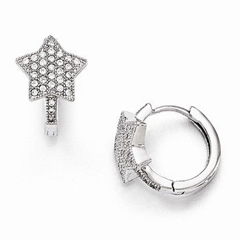 Sterling Silver CZ Rhodium Star Hoop Earrings