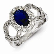 Sterling Silver Dark Blue Glass & CZ Ring