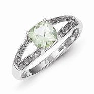 Sterling Silver Cushion-cut Green Quartz & Diamond Ring