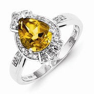 Sterling Silver Diamond & Whisky Quartz Teardrop Ring