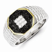 Sterling Silver and Gold Plated Black and White Diamond Men's Ring