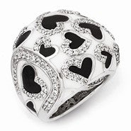 Sterling Silver CZ and White & Black Enameled Hearts Domed Ring