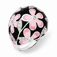Sterling Silver CZ and Black & Pink Enameled Flower Domed Ring