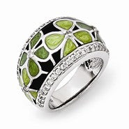 Sterling Silver CZ & Black/Green/Lime Enameled Flower Domed Ring