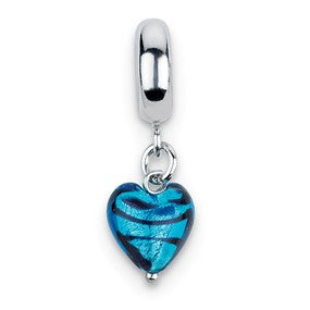 Sterling Silver Blue Heart Stripes Ital Murano Dangle Bead Charm hide-image