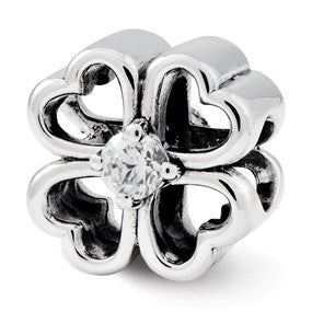 Sterling Silver Four Leaf Clover w/ CZ Bead Charm hide-image