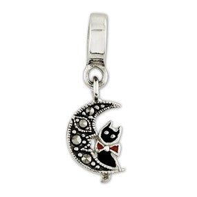 Sterling Silver Marcasite Cat & Moon Dangle Bead Charm hide-image