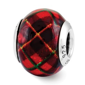 Sterling Silver Red Plaid Overlay Italian Bead Charm hide-image