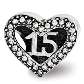 Sterling Silver Swarovski Quinceanera Heart Bead Charm hide-image