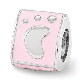 Sterling Silver Pink Enamel 3-sided Baby Footprint Bead Charm hide-image