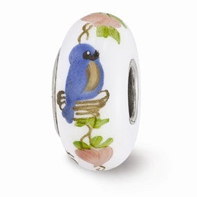 Sterling Silver White Hand Painted Bird Home Glass Bead Charm hide-image