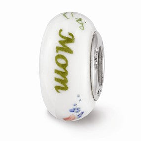 Sterling Silver White Hand Painted Mom Floral Glass Bead Charm hide-image