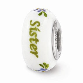 Sterling Silver White Hand Painted Sister Floral Glass Bead Charm hide-image