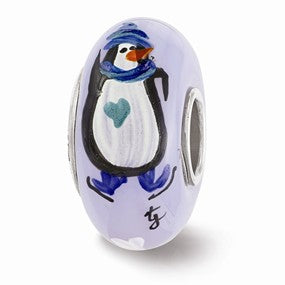 Sterling Silver Blue Hand Painted Penguins Glass Bead Charm hide-image